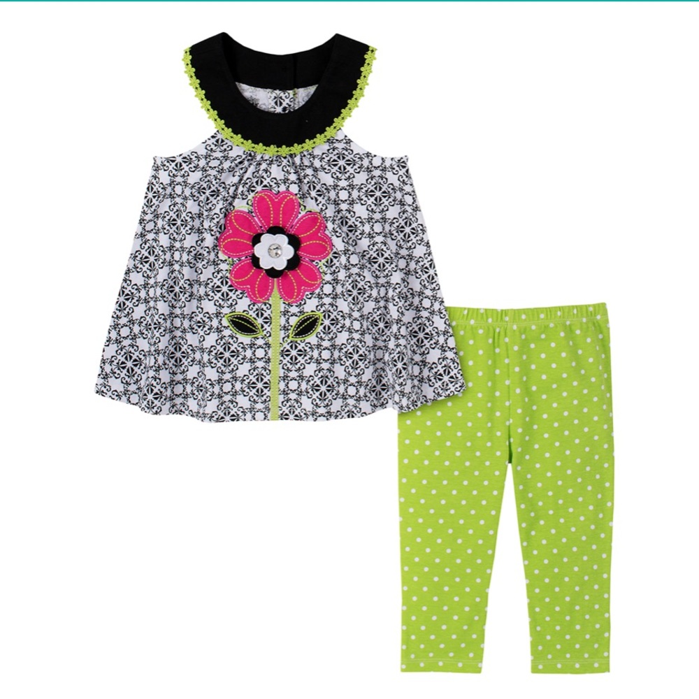 Toddler Girl’s Pink Lime  Flower Dot Leggings Set